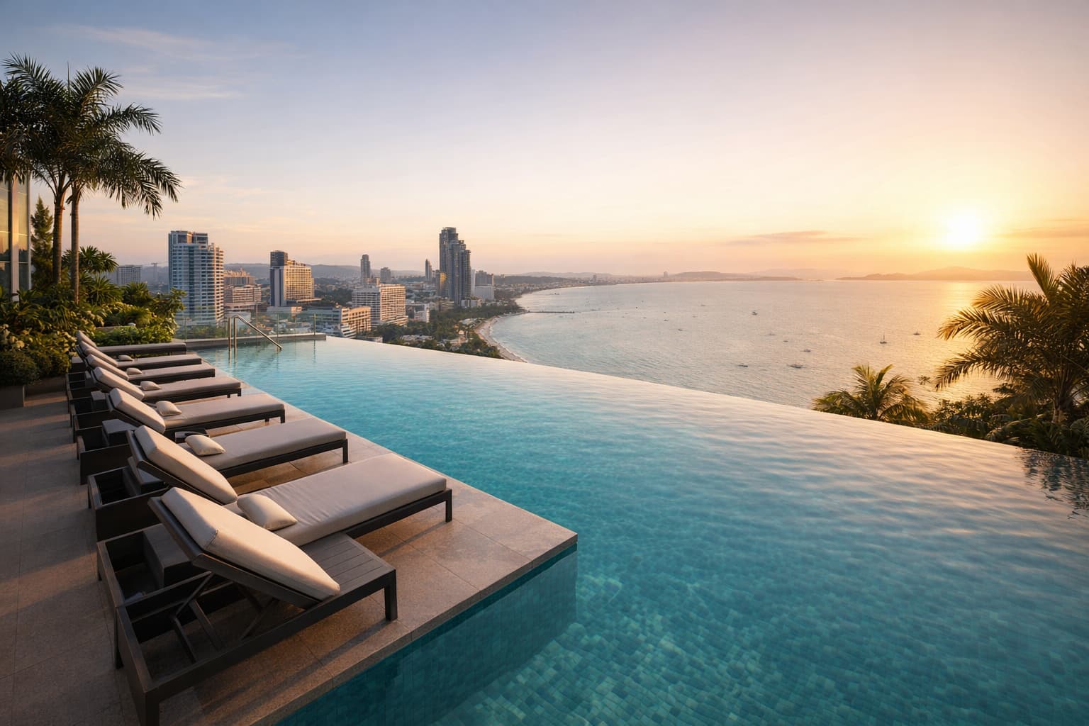 Rooftop infinity pool at a luxury Pattaya condo overlooking the city and coastline