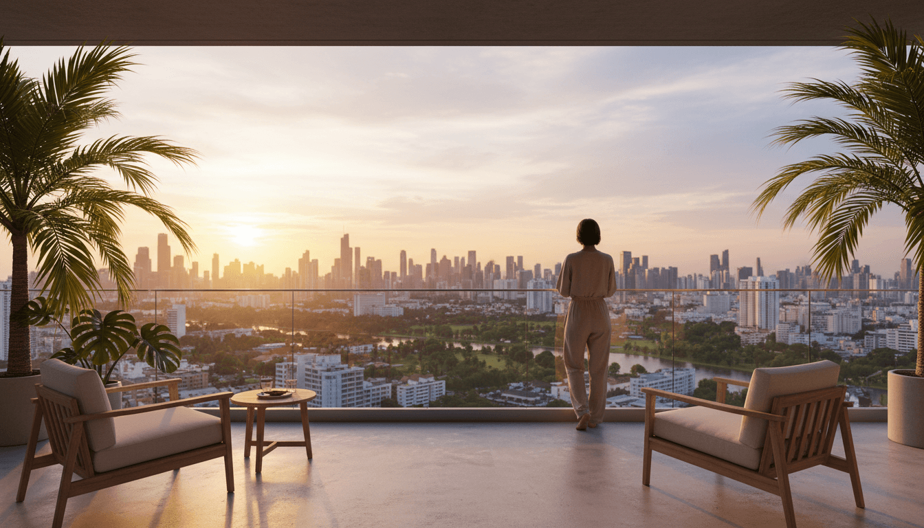 Person standing on a modern apartment balcony overlooking Pattaya at sunset with a peaceful, confident expression