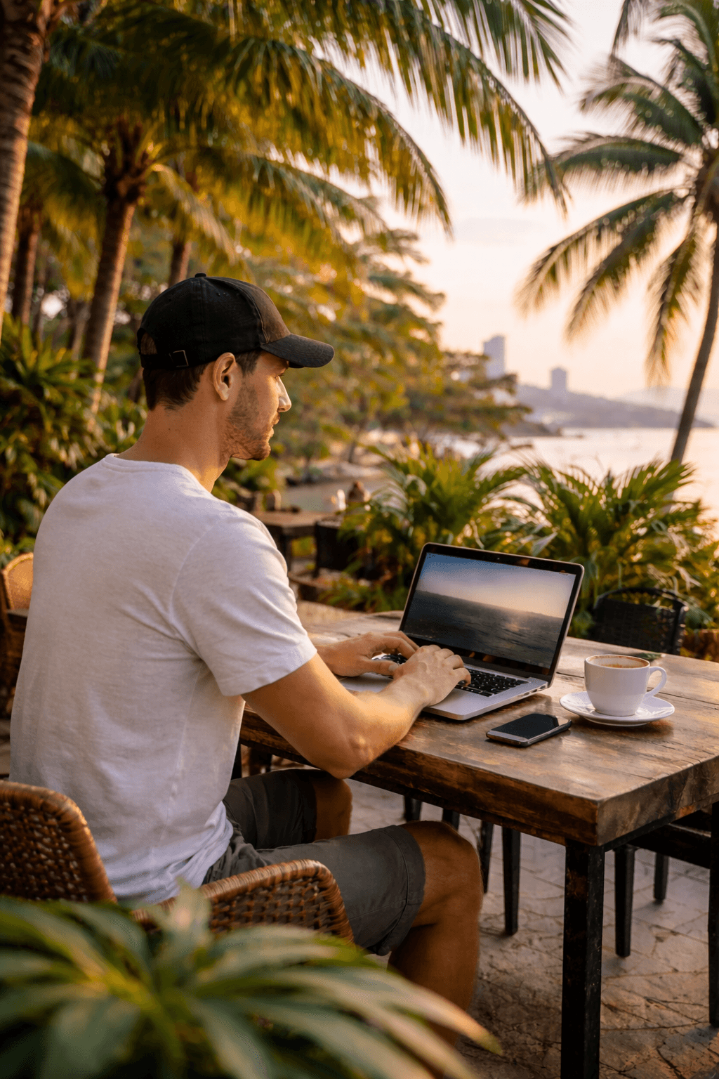 Man in a cap using a laptop at a beachside table during a golden sunset.