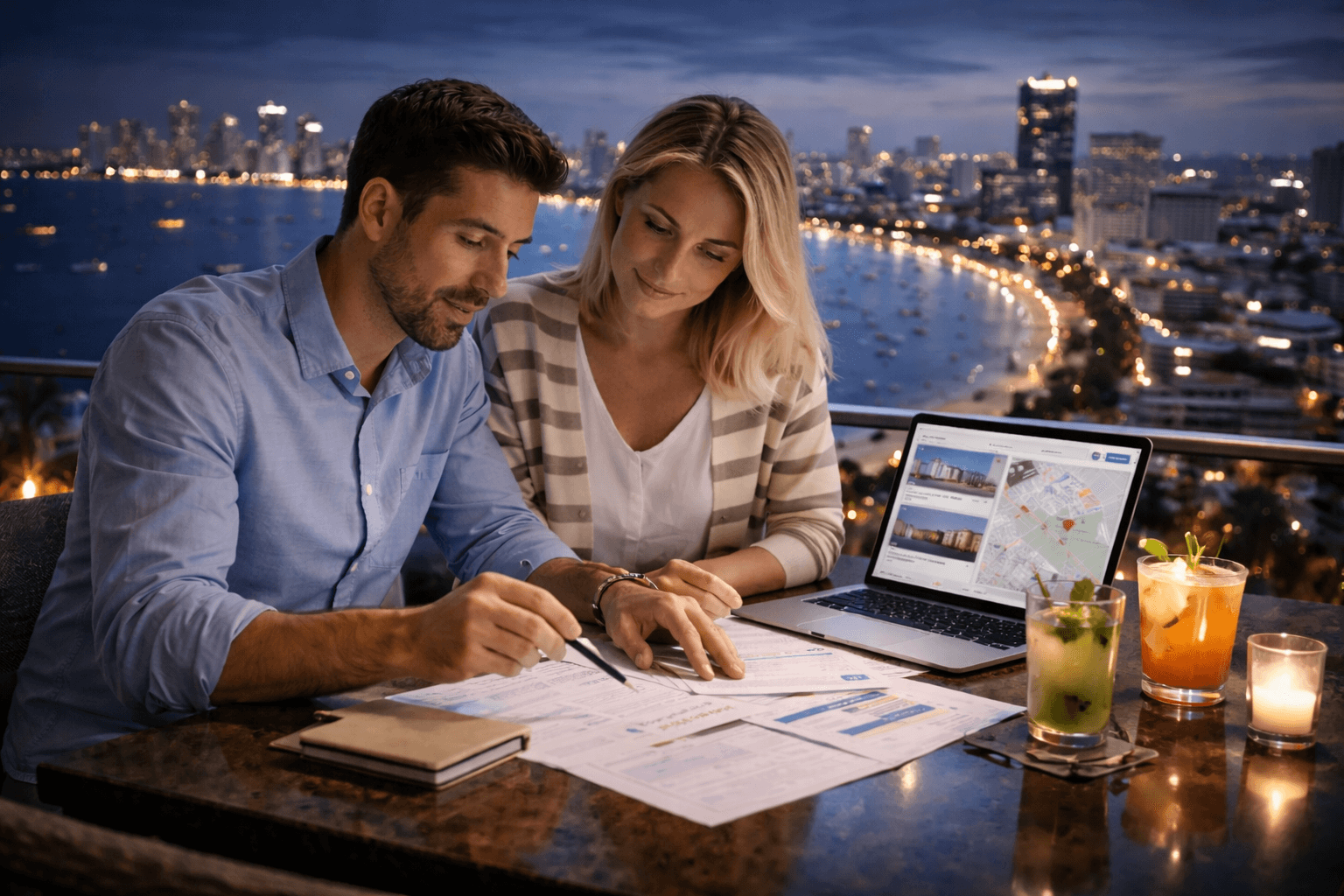 Couple reviewing documents on a balcony overlooking a brightly lit coastal city at night.