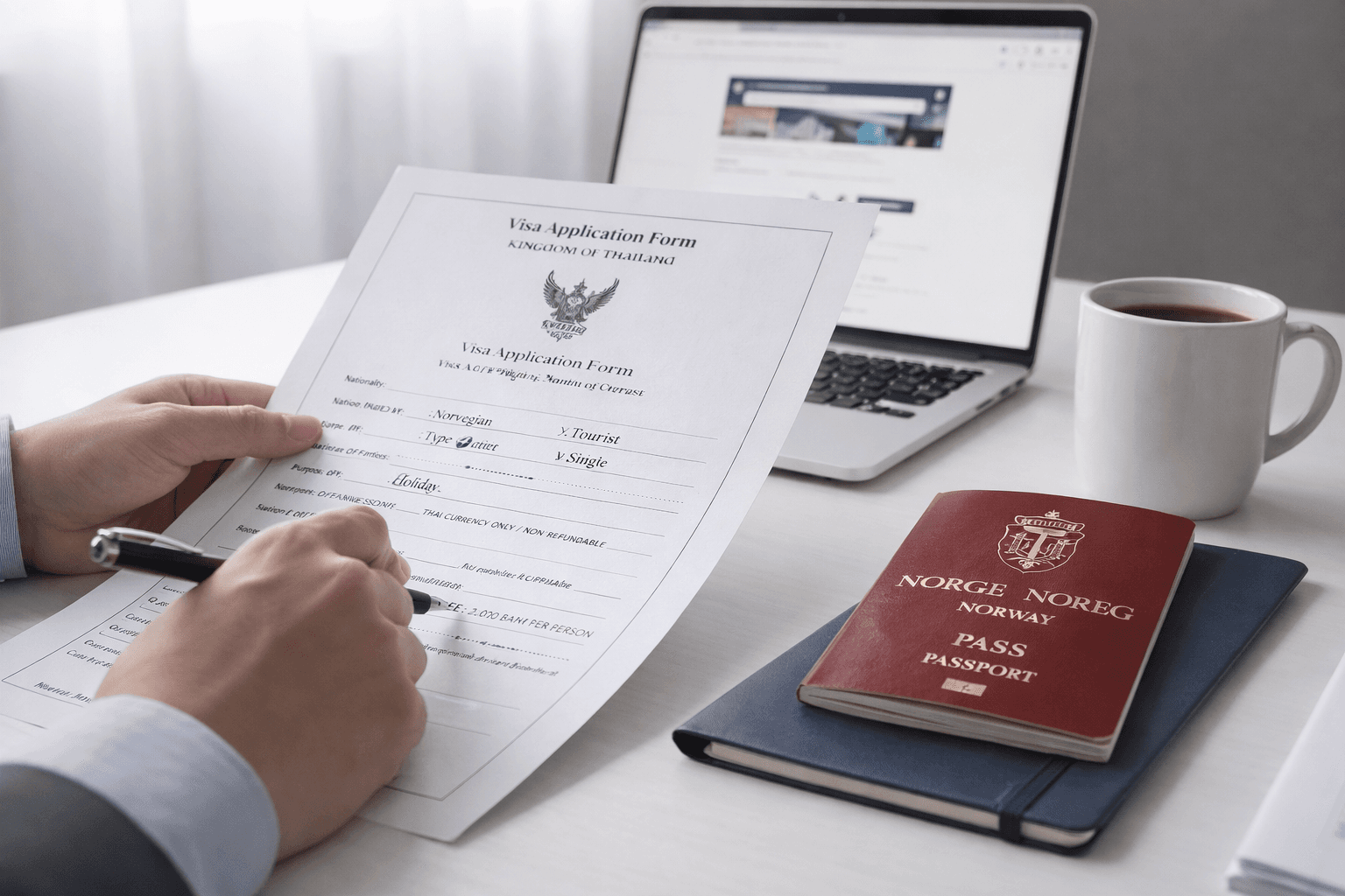 Hands filling out a Thai visa application form next to a Norwegian passport and laptop.