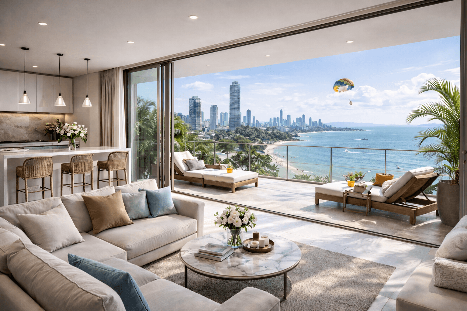 Modern luxury living room with balcony overlooking a beach, city skyline, and a parasailer.